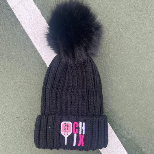 CHIX Black Hat with Fur Pom (fan fave) - Pickleball Chix